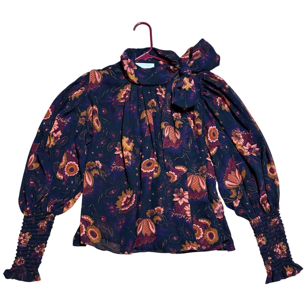 Ulla Johnson Lesli Sheer Dark Floral 100% Silk Tie Neck Blouse In Valerian Sz 4